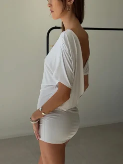 Robe de soirée blanche en polyester à manches courtes et col en V