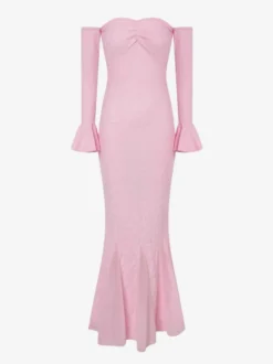 Robe de soirée blanche et rose à épaules dénudées volants manches longues coupe sirène robe longue cintrée