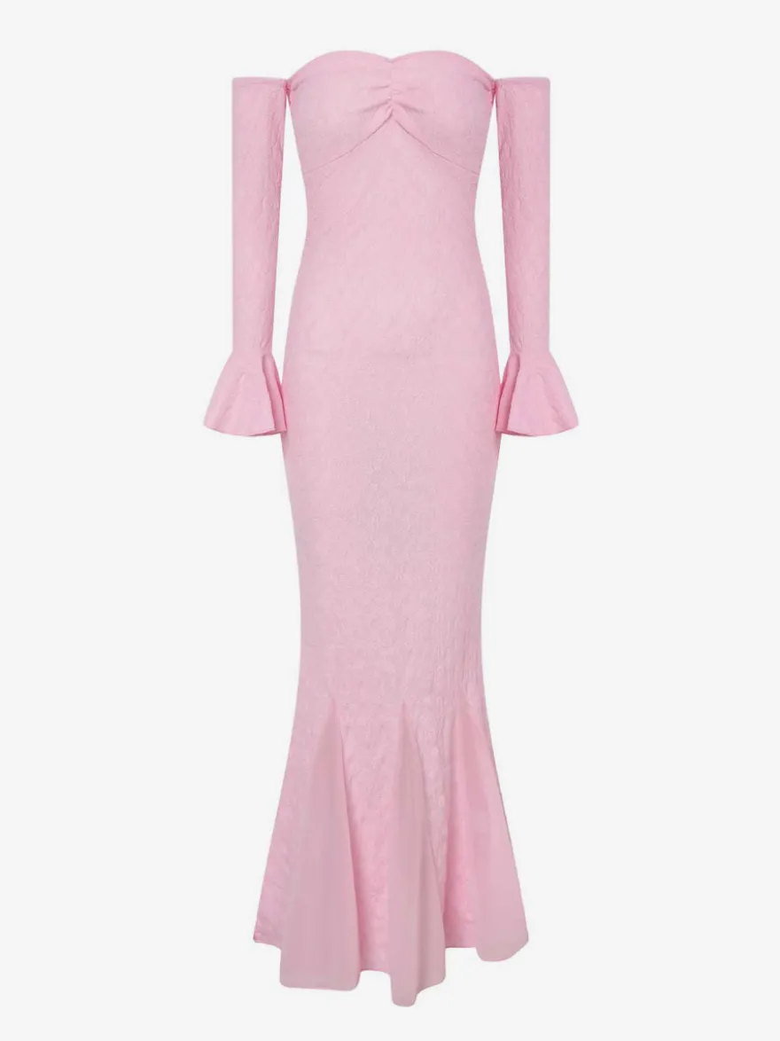 Robe de soirée blanche et rose à épaules dénudées volants manches longues coupe sirène robe longue cintrée