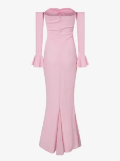 Robe de soirée blanche et rose à épaules dénudées volants manches longues coupe sirène robe longue cintrée