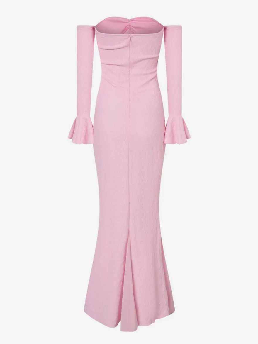 Robe de soirée blanche et rose à épaules dénudées volants manches longues coupe sirène robe longue cintrée