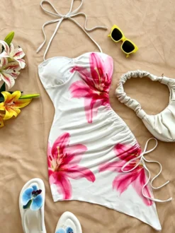 Robe de soirée blanche à imprimé floral sans manches bretelles dos nu robe d'été