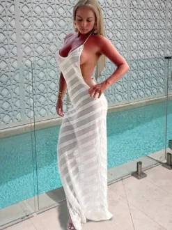 Robe de soirée blanche sans manches à col V et dos nu sexy