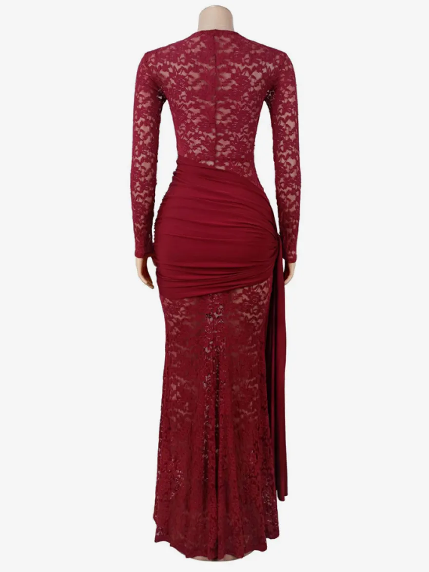 Robe de soirée blanche sirène maxi sexy semi-formelle en dentelle à col bijou et manches longues