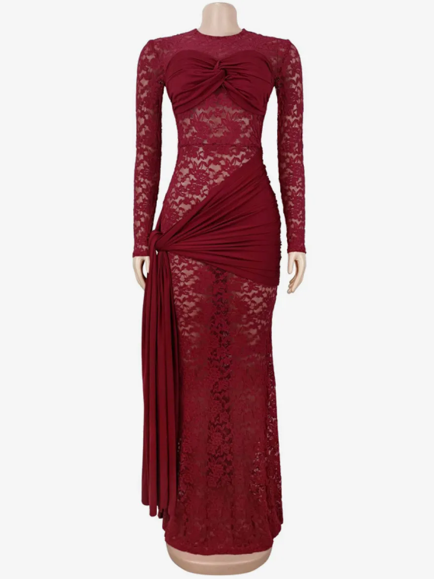 Robe de soirée blanche sirène maxi sexy semi-formelle en dentelle à col bijou et manches longues