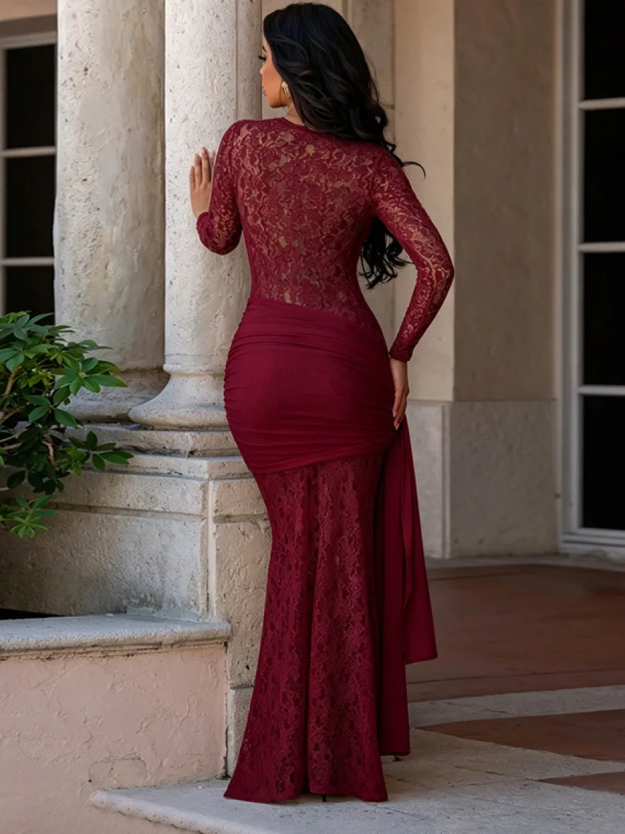 Robe de soirée blanche sirène maxi sexy semi-formelle en dentelle à col bijou et manches longues