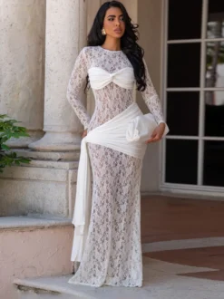 Robe de soirée blanche sirène maxi sexy semi-formelle en dentelle à col bijou et manches longues