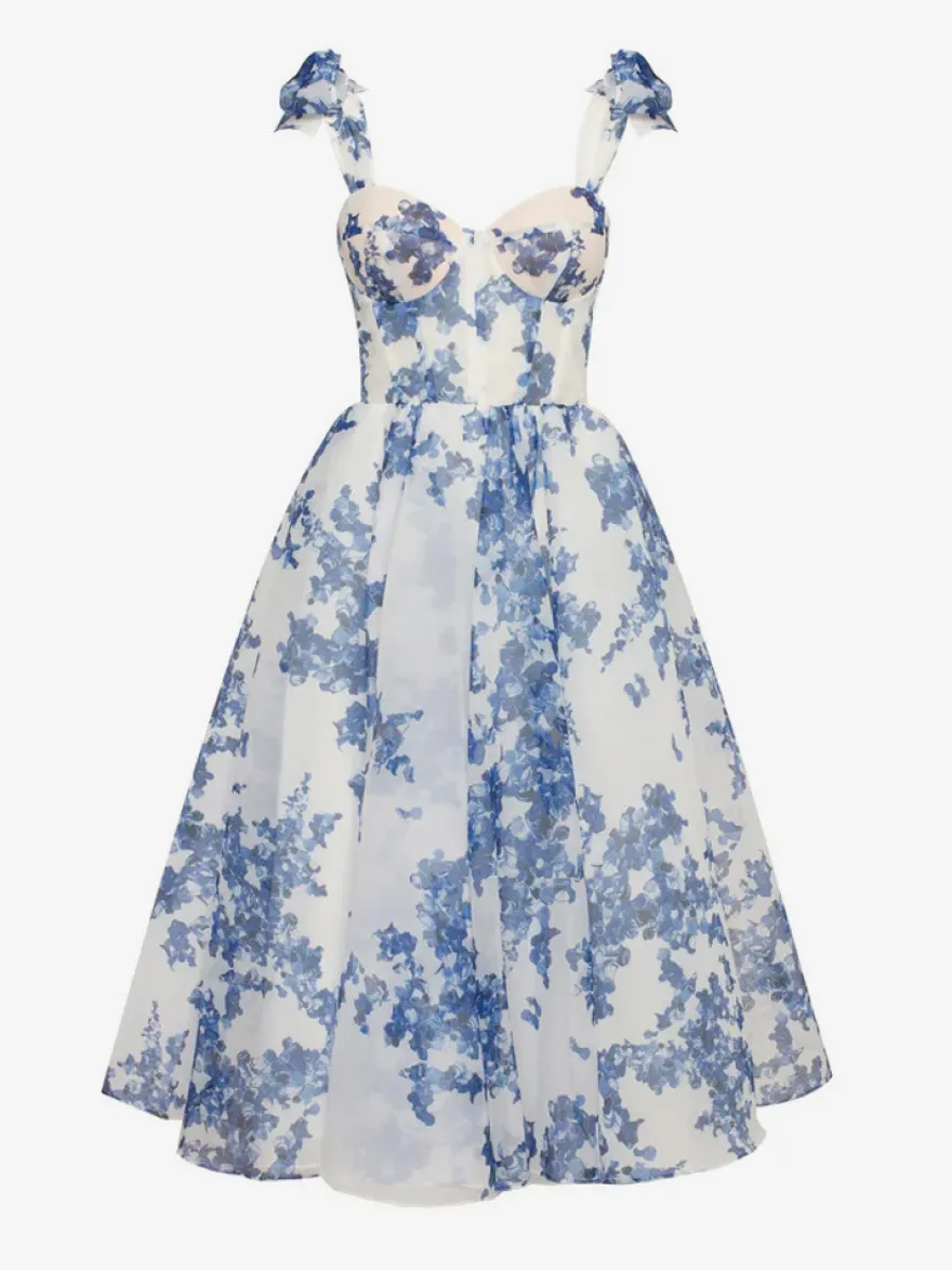 Robe De Soirée Bleu Ciel Clair Bretelles Nœuds Col En Cœur Robe Semi-Formelle Mi-Longue
