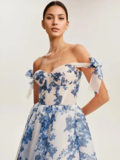 Robe De Soirée Bleu Ciel Clair Bretelles Nœuds Col En Cœur Robe Semi-Formelle Mi-Longue