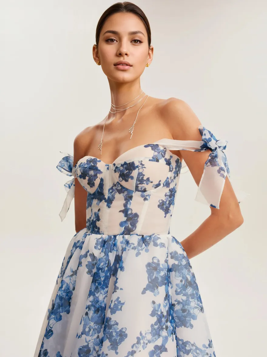 Robe De Soirée Bleu Ciel Clair Bretelles Nœuds Col En Cœur Robe Semi-Formelle Mi-Longue