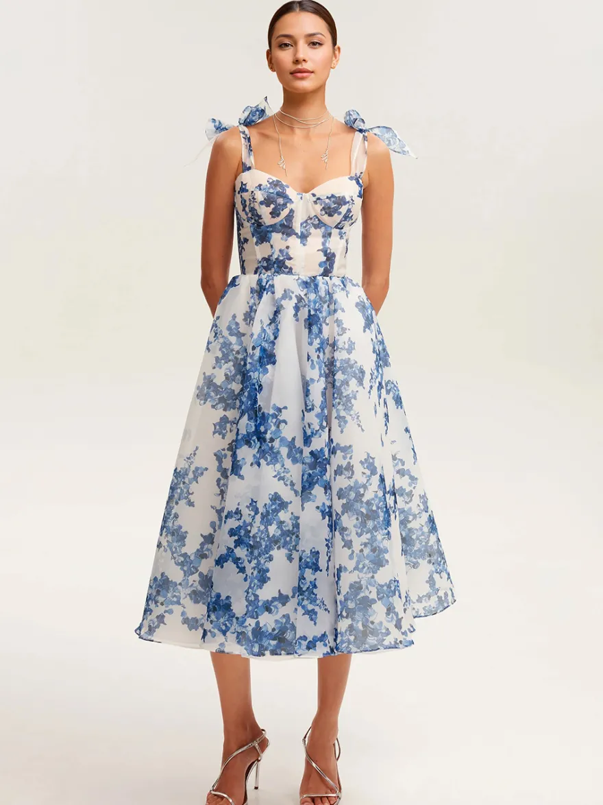 Robe De Soirée Bleu Ciel Clair Bretelles Nœuds Col En Cœur Robe Semi-Formelle Mi-Longue