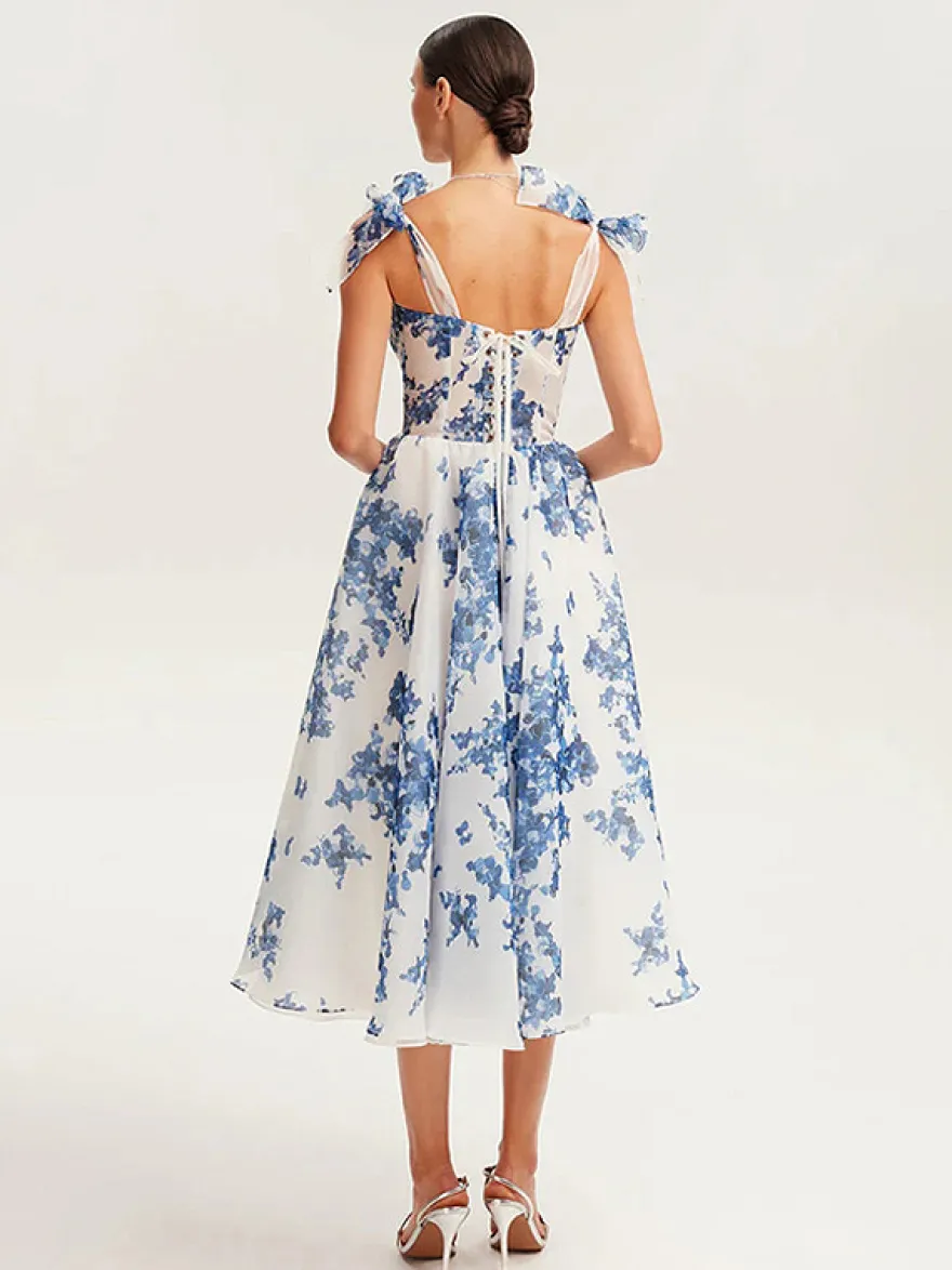 Robe De Soirée Bleu Ciel Clair Bretelles Nœuds Col En Cœur Robe Semi-Formelle Mi-Longue