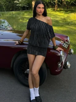Robe de soirée bleue en polyester manches courtes dos nu robe d'été