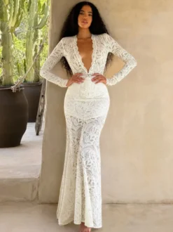 Robe de soirée body en dentelle à manches longues et décolleté plongeant jupe longue sirène robe de mariée deux pièces