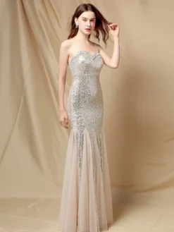 Robe De Soirée À Bretelles Longue Sirène Paillettes Dos Nu Robe Semi-Formelle Sexy