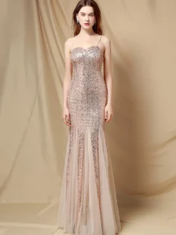 Robe De Soirée À Bretelles Longue Sirène Paillettes Dos Nu Robe Semi-Formelle Sexy