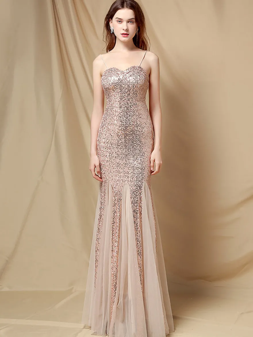 Robe De Soirée À Bretelles Longue Sirène Paillettes Dos Nu Robe Semi-Formelle Sexy