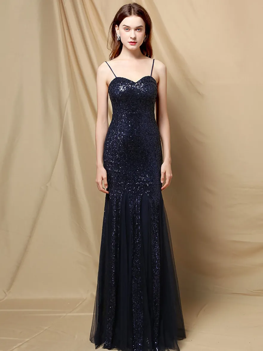 Robe De Soirée À Bretelles Longue Sirène Paillettes Dos Nu Robe Semi-Formelle Sexy