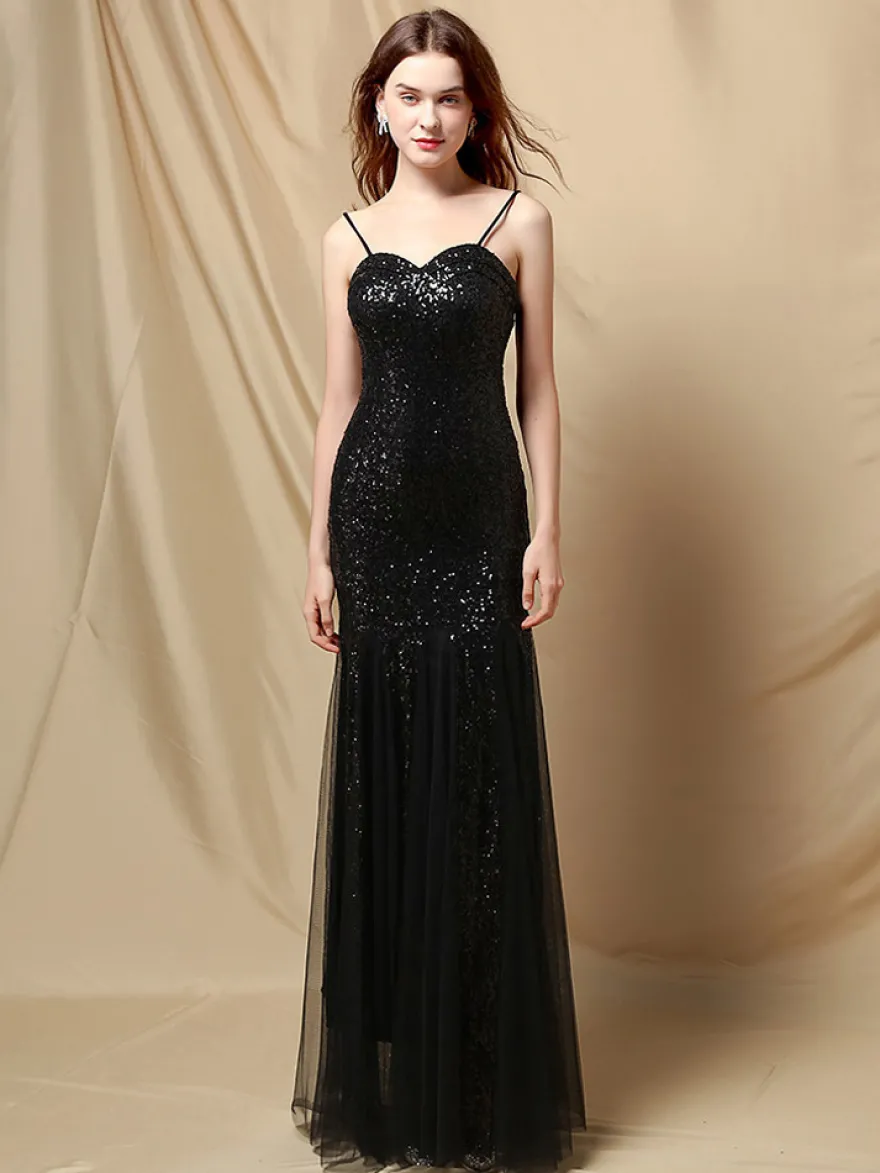 Robe De Soirée À Bretelles Longue Sirène Paillettes Dos Nu Robe Semi-Formelle Sexy