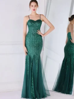 Robe De Soirée À Bretelles Longue Sirène Paillettes Dos Nu Robe Semi-Formelle Sexy