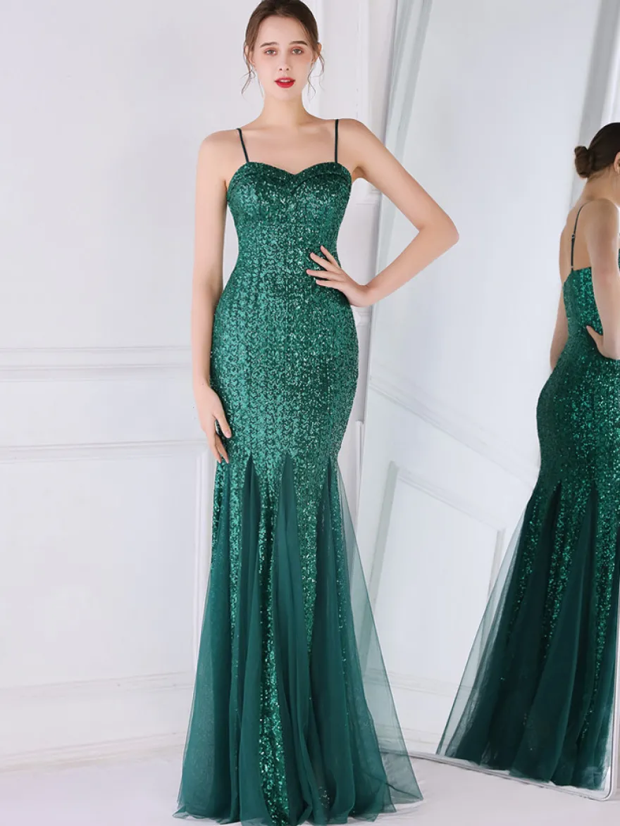 Robe De Soirée À Bretelles Longue Sirène Paillettes Dos Nu Robe Semi-Formelle Sexy
