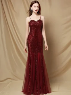 Robe De Soirée À Bretelles Longue Sirène Paillettes Dos Nu Robe Semi-Formelle Sexy
