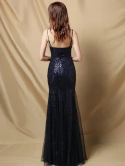 Robe De Soirée À Bretelles Longue Sirène Paillettes Dos Nu Robe Semi-Formelle Sexy
