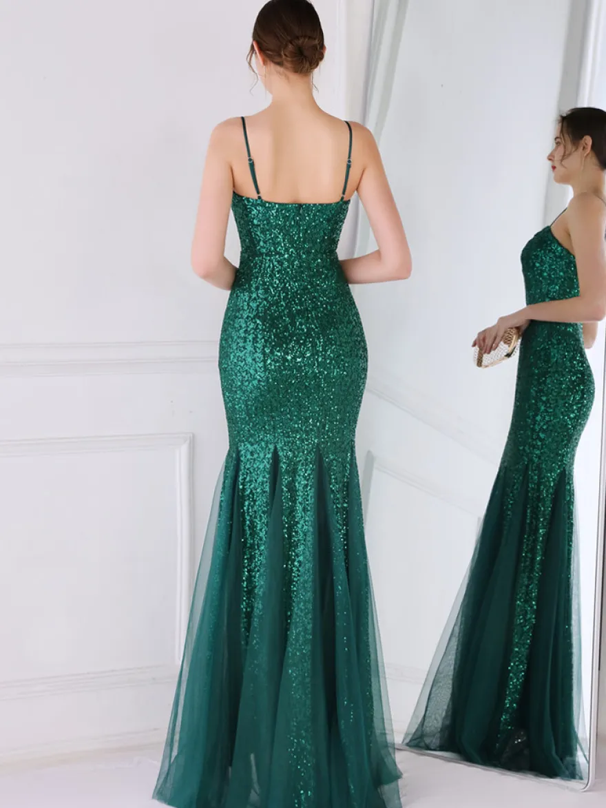 Robe De Soirée À Bretelles Longue Sirène Paillettes Dos Nu Robe Semi-Formelle Sexy