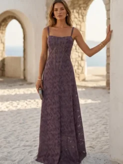 Robe de soirée à bretelles spaghetti corset robe longue jacquard cintrée à la taille coupe trapèze fluide