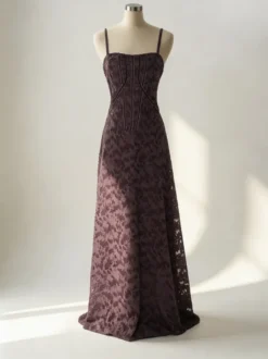 Robe de soirée à bretelles spaghetti corset robe longue jacquard cintrée à la taille coupe trapèze fluide
