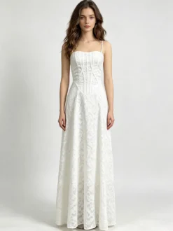 Robe de soirée à bretelles spaghetti corset robe longue jacquard cintrée à la taille coupe trapèze fluide