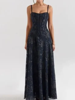 Robe de soirée à bretelles spaghetti corset robe longue jacquard cintrée à la taille coupe trapèze fluide