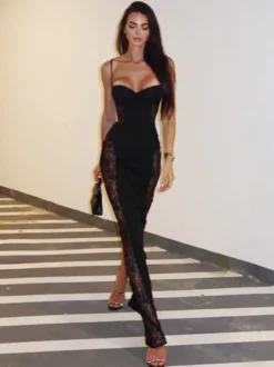 Robe de soirée bustier à bretelles spaghetti et découpe latérale en dentelle robe maxi moulante