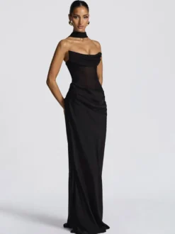 Robe de soirée bustier à col bénitier robe sirène maxi drapée moulante avec gants en résille assortis