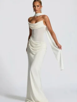 Robe de soirée bustier à col bénitier robe sirène maxi drapée moulante avec gants en résille assortis