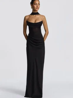 Robe de soirée bustier à col bénitier robe sirène maxi drapée moulante avec gants en résille assortis