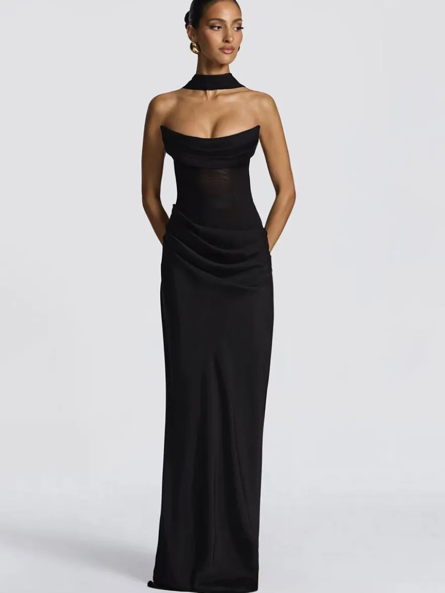 Robe de soirée bustier à col bénitier robe sirène maxi drapée moulante avec gants en résille assortis