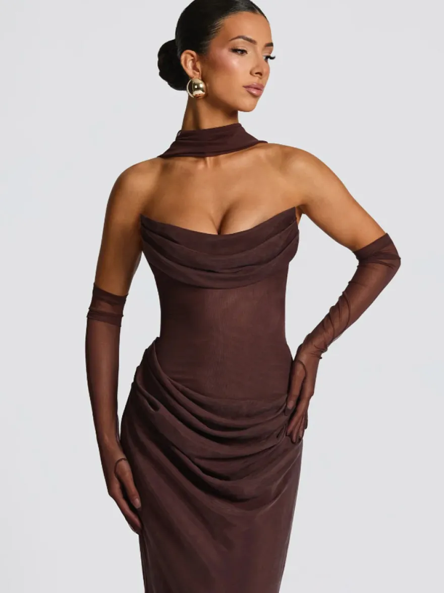 Robe de soirée bustier à col bénitier robe sirène maxi drapée moulante avec gants en résille assortis