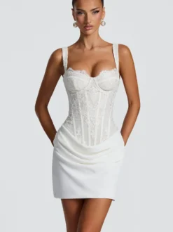 Robe de soirée bustier corset en dentelle à fines bretelles froncées mini-robe moulante