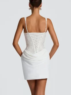 Robe de soirée bustier corset en dentelle à fines bretelles froncées mini-robe moulante