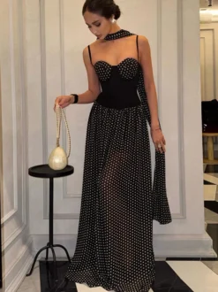 Robe de soirée bustier maxi en mousseline transparente à pois avec foulard assorti
