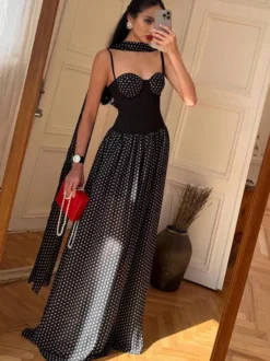 Robe de soirée bustier maxi en mousseline transparente à pois avec foulard assorti