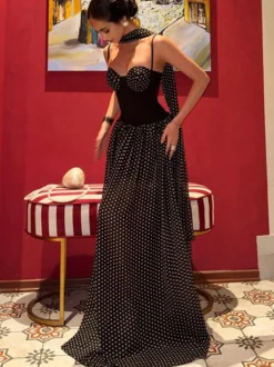 Robe de soirée bustier maxi en mousseline transparente à pois avec foulard assorti