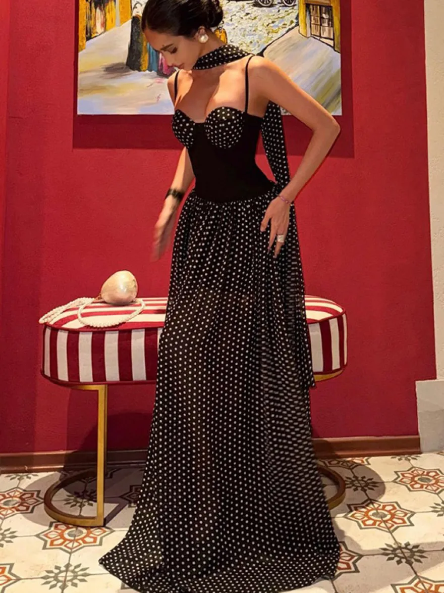 Robe de soirée bustier maxi en mousseline transparente à pois avec foulard assorti
