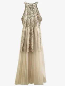 Robe de soirée champagne dos nu à sequins robe de bal asymétrique en tulle et tulle robe de soirée en résille