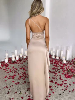 Robe de soirée Champagne une épaule plissée fente haute robes de bal sexy