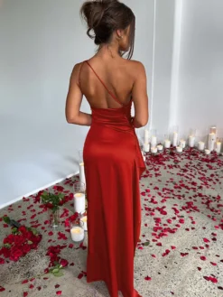 Robe de soirée Champagne une épaule plissée fente haute robes de bal sexy