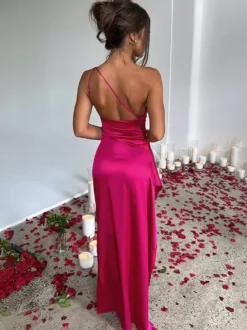 Robe de soirée Champagne une épaule plissée fente haute robes de bal sexy