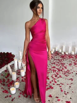 Robe de soirée Champagne une épaule plissée fente haute robes de bal sexy