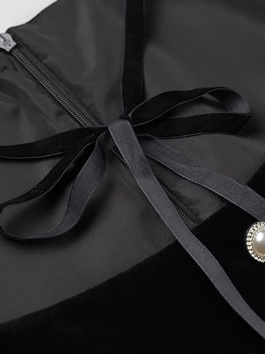 Robe de soirée chic bicolore noire à volants mini-robe deux-pièces à manches longues.